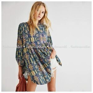 Free People This Is It Tunic Top Sun Faded Print Billowy Dolman Kimono Sleeves